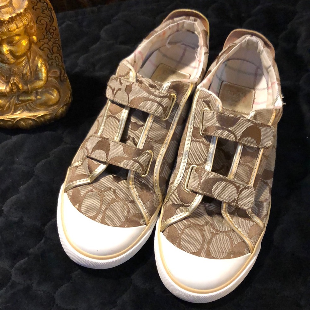 Coach Britt classic brown and tan with gold detail Velcro sneakers size 8 1/2 - Picture 1 of 14